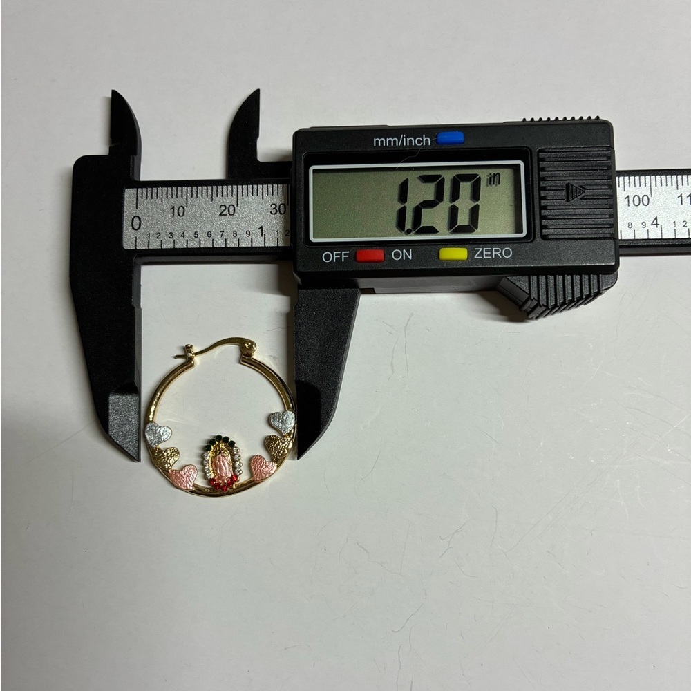 14K Gold Virgin Mary Hoop Earrings with Pink & Multicolor Heart Accents - Picture 5 of 6